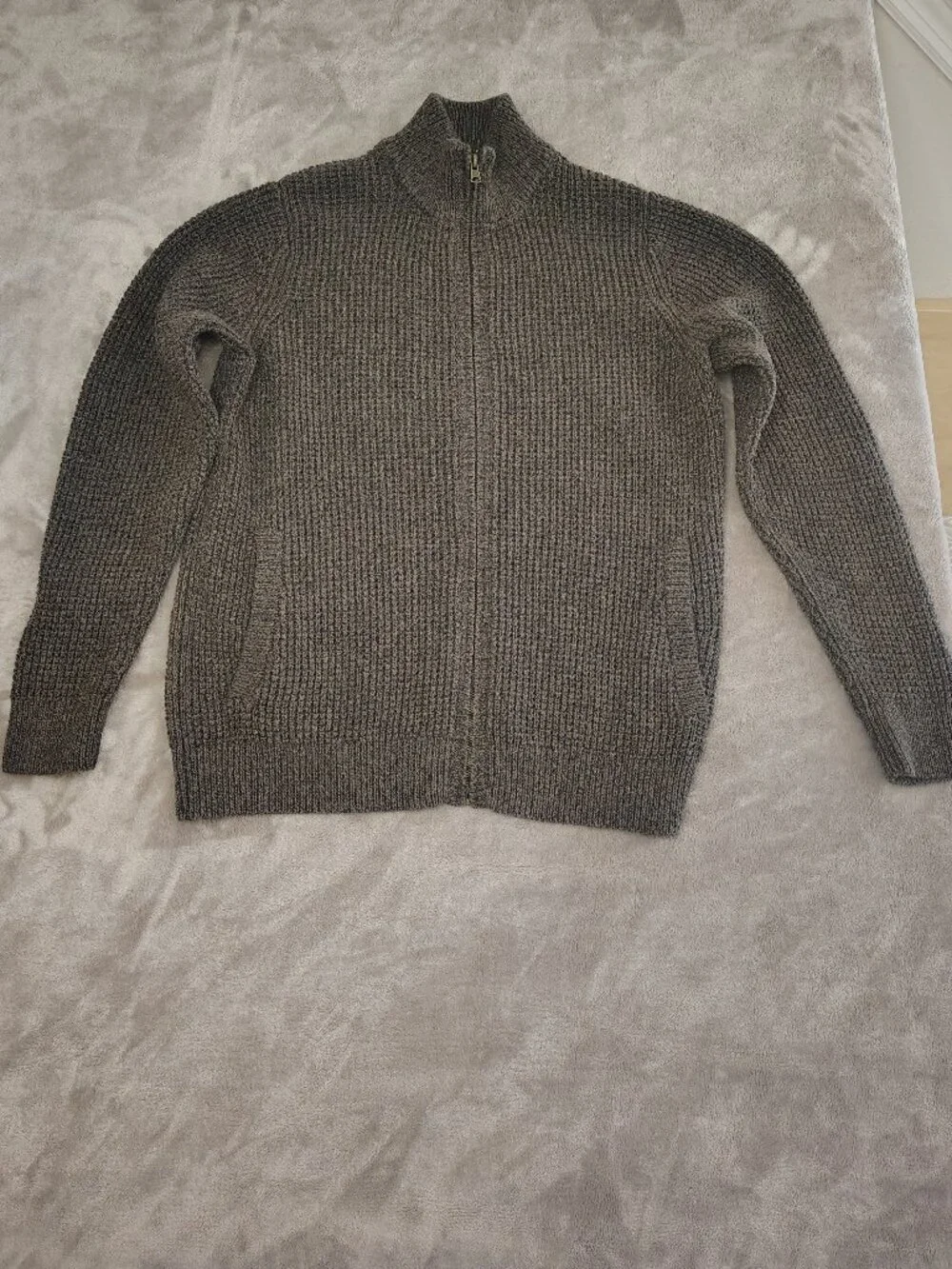 LL Bean Chunky Zip Cardigan Sweater Organic Cotton Fisherman Gray Brown Mens Med